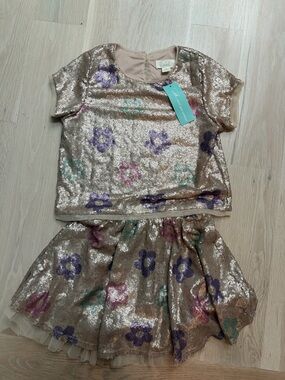 Peek Gold Sequin Floral Top and Twirl Skirt Set NWT